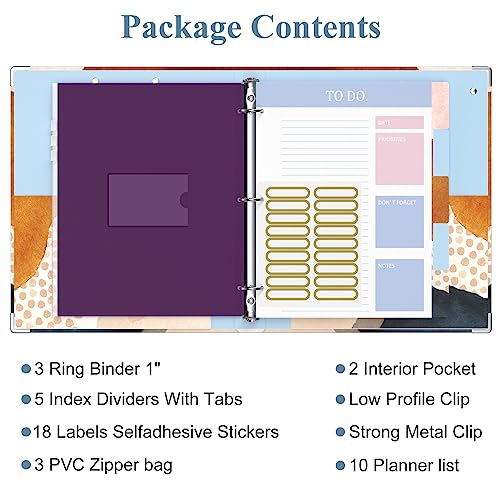 Image of 3 Ring Binder, 1 Inches Round Ring Binder with Clipboard, Dividers Tabs, PVC Zipper Bag Sleeves & to Do List Planners for Women, Men, School, Office Supplies, Abstract Art