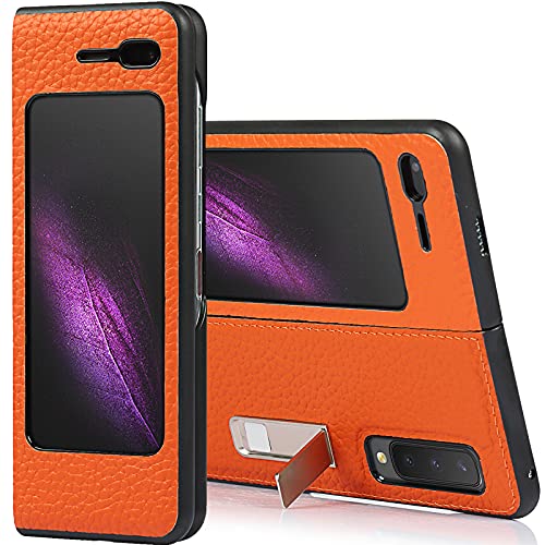 Miimall Compatible with Samsung Galaxy Fold 2019 Fold 5G 2020 Genuine Leather with Built-in Alloy Stand Case Cover for Samsung Galaxy Fold 2019 Samsung Galaxy Fold 5G (Orange)