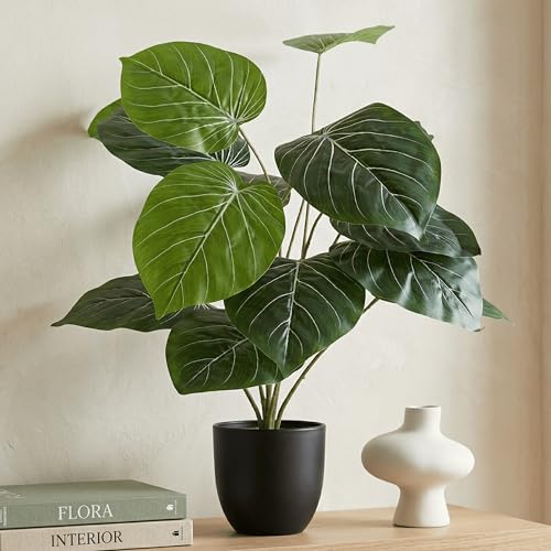 Image of Dekorly Plastic Artificial Palm Plants Leaves Faux Turtle Leaf Fake Monstera Tropical Large Palm Tree Leaves Outdoor Leaf Decorations | 26Inch Plants with Blackpot (Alocasia(White Lines Leaves))