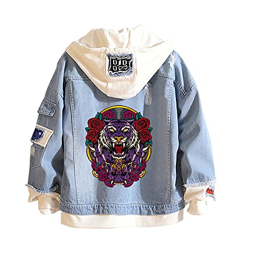 Tiger Denim Hoodies Jean False Two Pieces Denim Jacket Coats Button Down Hoodie Sweatshirts for Teen Adult