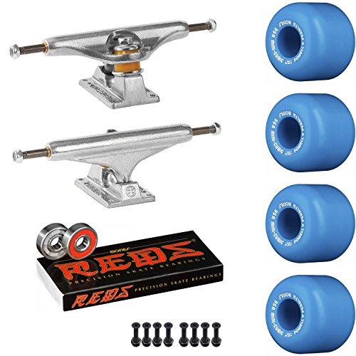 Old School Skateboard Pack with Independent 149 Trucks, Powell Mini-Cubic Blue Wheels, Bones Reds Bearings, Mounting Hardware, and Risers