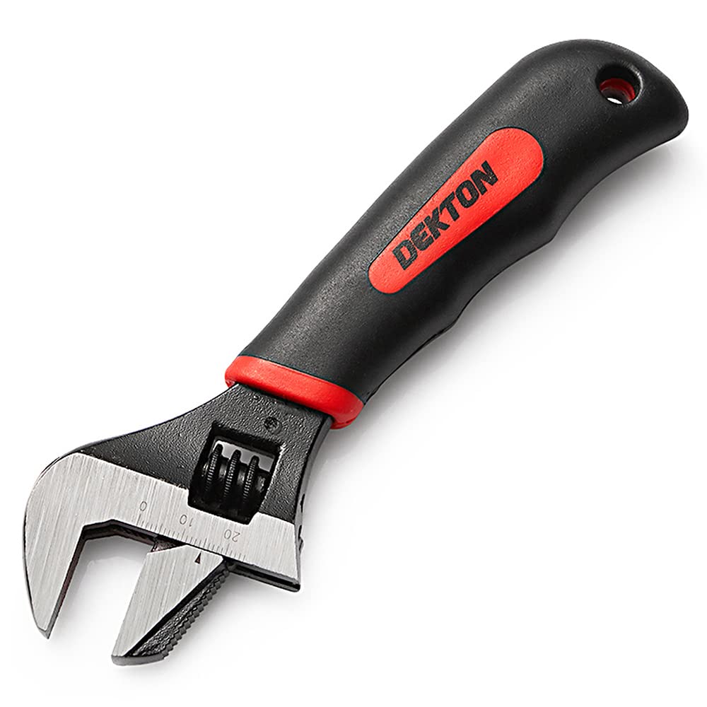 Dekton 2 In1 Stubby Adjustable Wrench - Serrated Angled and Straight Jaw| Metric and Imperial Gauges| 25mm Jaw Capacity| Drop Forged Steel| Hardened and Tempered| Tool with Built-in Pipe