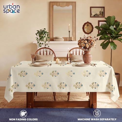 Image of Urban Space 100% Cotton Dining Table Cover for 6 Seater, Gold Foil Printed Cotton Table Cloth for Center Table, Dining Room Table Cover (Size 48 inch x 92 inch - 6 Seater, Zari Blue Gold)