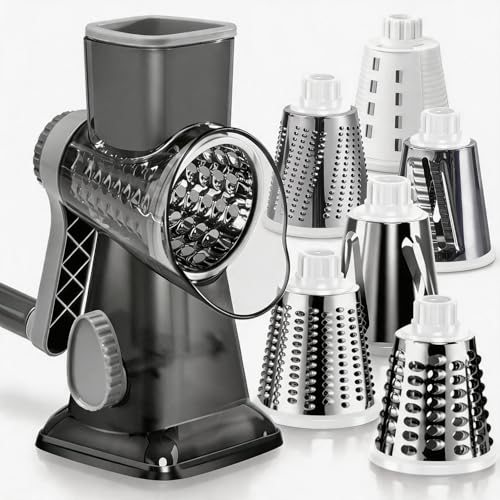 Image of KEOUKE Rotary Cheese Grater Pro 6 in 1 - Shredder Crinkle Slicer Grinder Ice Shaver, Stable Suction, Time-saving Easy Use & Clean, Safe Morden Kitchen Tool for Cheese, Vegetable, Nuts, Chocolate