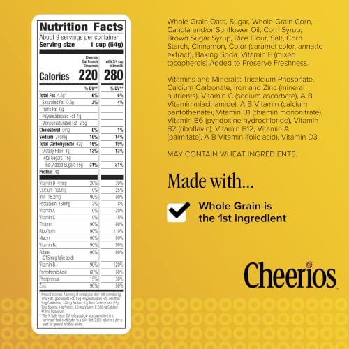 Image of Cheerios Oat Crunch Cinnamon Breakfast Cereal, Made with Whole Grain, Large Size, 18.2 oz