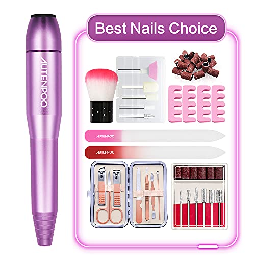 AUTENPOO Nail Drill, Electric Nail File for Acrylic Nails, Acrylic Nail Drill with Acrylic Nail Kit, Efile Nail Drill for Nail Polish, with Nail File Brush Clipper Set (PURPLE)