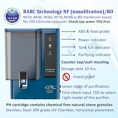 Image of KNL PRO NF60 AR Blue NF (Nano Filtration) water purifier with SS 304 UV, with Alkaline regulator, for input TDS range (350-550) ppm, Reduces TDS (65)%, no TDS controller, tank 10 liters + TDS meter