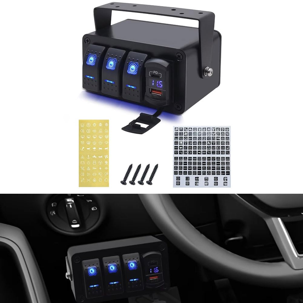 Pannello interruttore universale a 3 marce, 12 V/24 V, con voltmetro e funzione di ricarica rapida, IP65, resistente alle intemperie, per camper, camion, robusto alloggiamento in alluminio e nylon con
