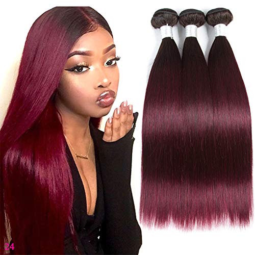Burgundy Bundles Weave Bundle Ombre Human Hair Bundles Straight Weave 9A Grade Peruvian Hair Bundles 1B/99J Remy Virgin Hair Double Wefts 2 Tone Dark Roots Wine Red Soft Bundle 22 24 26 Inch