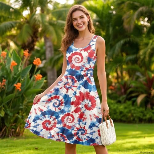 Image of TOADDITDO Women's Sleeveless O Neck Beach A-Line Party Coctail Tank Dresses Flared Sundress