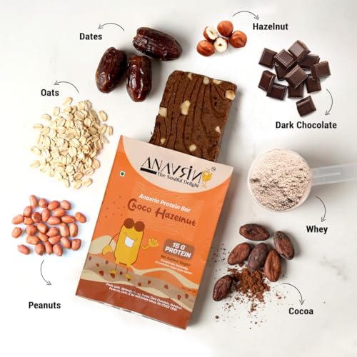 Image of ANAVRIN Choco Hazelnut Protein Bar - 15g Protein, 3g Fibre in each Bar (6 Bars x 50gm) No Added Sugar, No Soy, No Preservatives, Gluten Free High Protein Energy Bar, All Natural Flavors