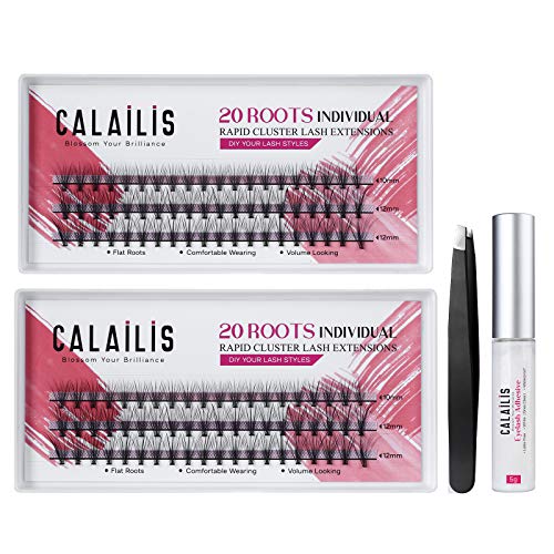 CALAILIS Cluster Lashes, Individual Lashes, DIY Lash Extension Kit, Eyelash Extensions Kit, Faux Mink Individual Eyelashes with Glue and Tweezers（0.05mm C mix, 20 roots/cluster)