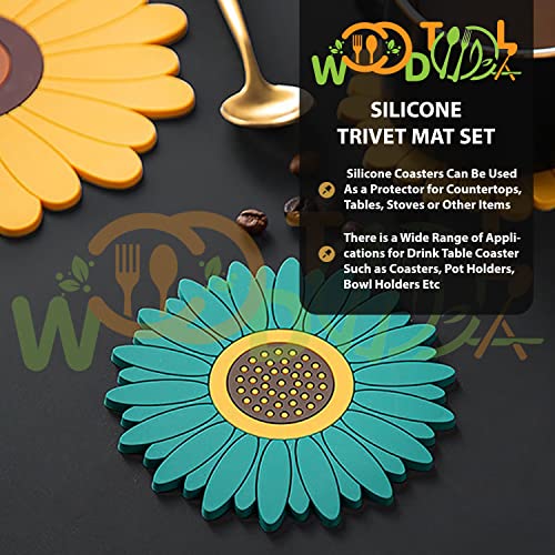 Image of Silicone Trivet Mat - Sunflower Hot Pot Holder Pads - Coasters for Kitchen - Placemat for Hot Dishes - Hot Pads for Table (Set of 4, Small, Green)