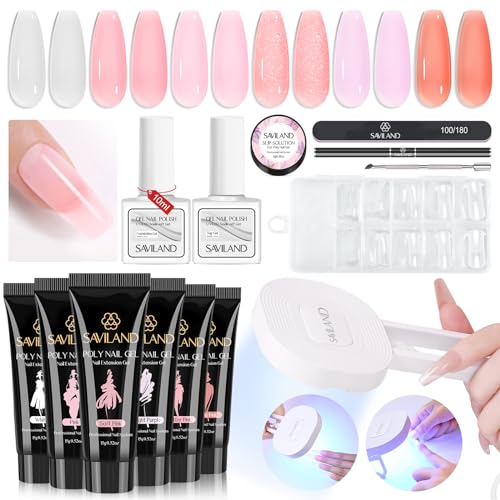 SAVILAND Poly Gel Nail Kit - 6 Poly Gel Colors with 36W Portable Handheld Mini U V LED Lamp for Curing, 28 Days Long- Lasting Poly Nail Starter Kit for Manicure Art DIY