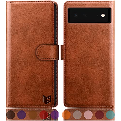 SUANPOT [RFID Schutz] für Google Pixel 6A Hülle PU Leder Handyhülle Lederhülle Klapphülle Kartenfach Flip Cover für Pixel 6A Handy hülle Leather Wallet Phone Case (Hellbraun) Cover