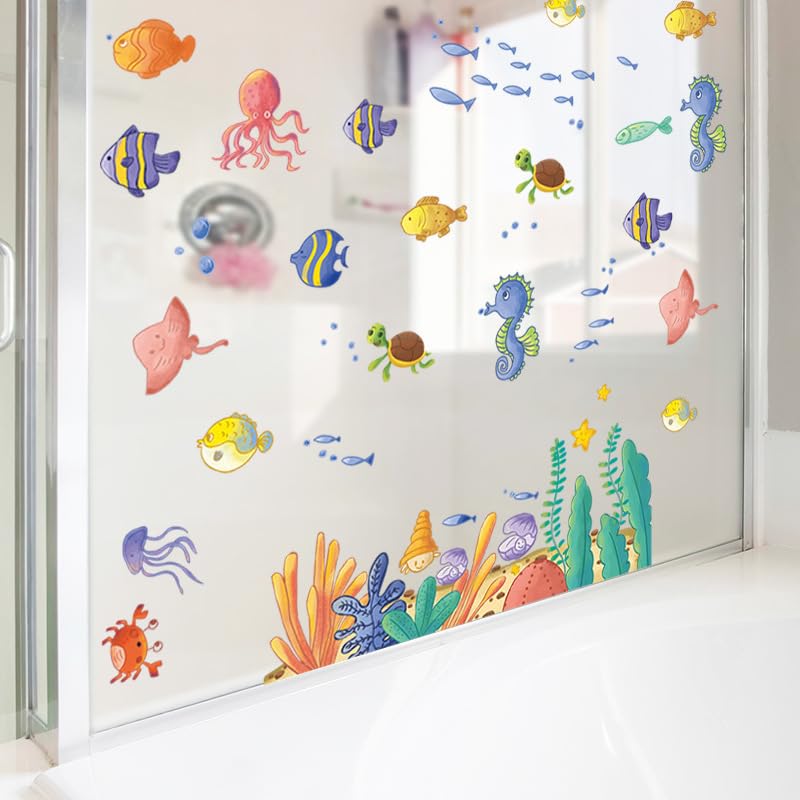 Image of Underwater Adventure Fish Seahorses Turtles Wall Stickers for Kids Baby Room Bedroom Playroom Nursery Bathroom Living Room Decor Wall Art Wall Decoration Boho | Sheet 30x90 cm Peel and Stick