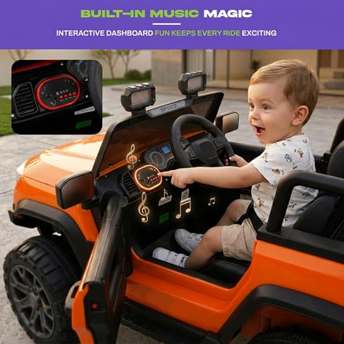 Image of Baybee RogueX Battery Operated Jeep for Kids with Parental Control | Baby Ride On Electric Car with RGB Lights, Music & Swing Mode | Rechargeable Battery Car for Kids 2 to 6 Years Boys Girls (Orange)