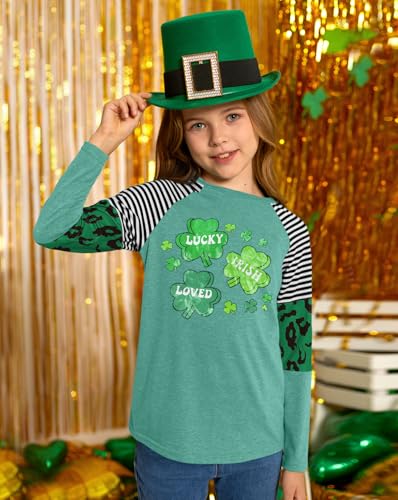 Image of BesserBay Girls St Patrick's Day Raglan Shirt Irish Sequin Lucky Stripe Shamrock Graphic Top 4-14 Years