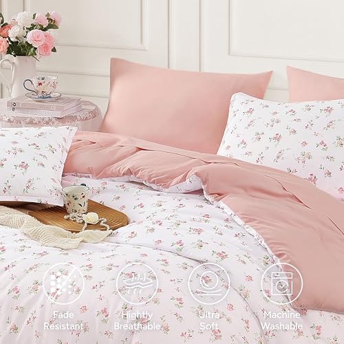 Image of Andency Floral Comforter Set, 5 Pieces Cute Blush Pink Bedding Sets, Coquette Cottagecore Flower Dorm Bedding, Soft Lightweight Kids Bed Twin Comforter with Sheets, Pillowcases & Shams for Teen Girls
