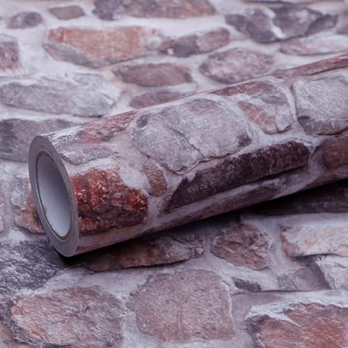 FEILAYS Pink Brick Wallpaper Peel and Stick Realistic Textured Rock Stone Vinyl Wall Paper Faux Brick Look Wall Covering Self Adhesive Contact Paper Embossed Vintage Removable 23.6" X 193"