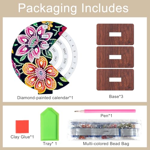 Image of AiYuanzsh DIY Diamond Art Tabletop Perpetual Calendar, 3D Wooden Desk Ornament with Floral Design, Sparkling Crystal Diamond Painting Kit for Desktop Decoration