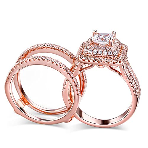 Image of Jeulia 3 PC Enhancer Ring Set for Women 925 Sterling Silver Princess Cut Diamond Engagement Rings Cubic Zirconia Halo Solitaire Wedding Rings Anniversary Promise Rings for Her with Jewelry Box