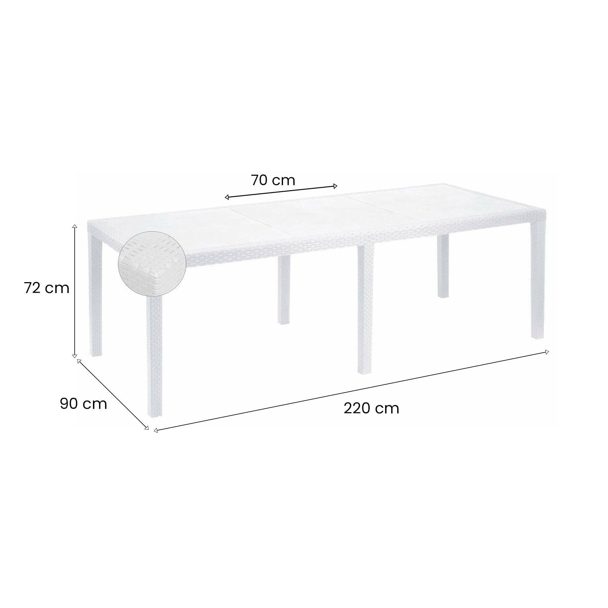 Dmora - Tavolo da esterno Roma, Ripiano rettangolare allungabile da pranzo, Tavolo da giardino estensibile effetto rattan, 100% Made in Italy, 150/220x90h72 cm, Bianco