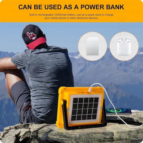 Image of 100W LED Construction Work Light, 10000LM Portable Rechargeable Spotlight with 12000mAh Battery, Solar & USB Rechargeable Flood Light, 4 Lighting Modes, IP66 Emergency Camping Light for Garage,Outdoor