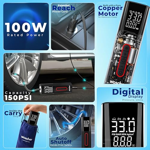 Image of Woscher Tallboy Wired Digital Tyre Inflator for Car & Bike | 150 PSI Air Compressor | Auto Shut-Off | Digital Display | LED Light | 12V DC Portable Air Pump | Tyre Inflator Kit