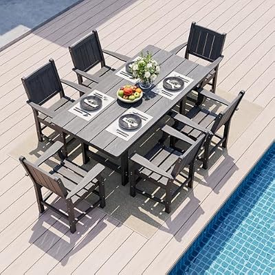 Pamapic 6 PCS Outdoor Dining Set, 450 LBS HDPE Outdoor Table and Chairs, Oversized Patio Dining Sets with Elegant Armrest, All-Weather Wood Grain Outdoor Dining Table with Umbrella Hole, Gray