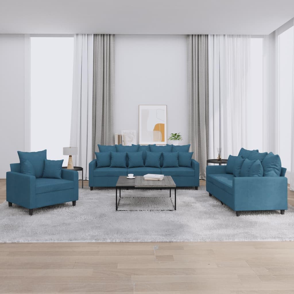 Set di 3 divani in velluto blu con cuscino, robusto set da soggiorno per accoglienza, taglio modulare per la tua casa