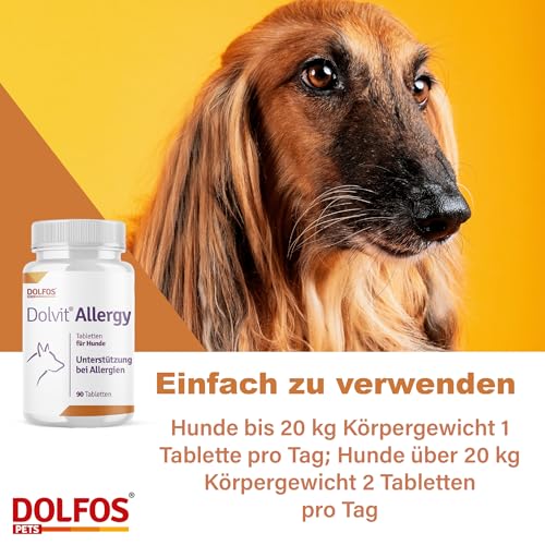 Dolvit Allergy 90 Tabletten, Allergie Tabletten für Hunde gegen Juckreiz & Dermatitis, Natürliches Ergänzungsfutter Hund zur Fellpflege, Hautgesundheit & Unterstützung bei Allergie Hund