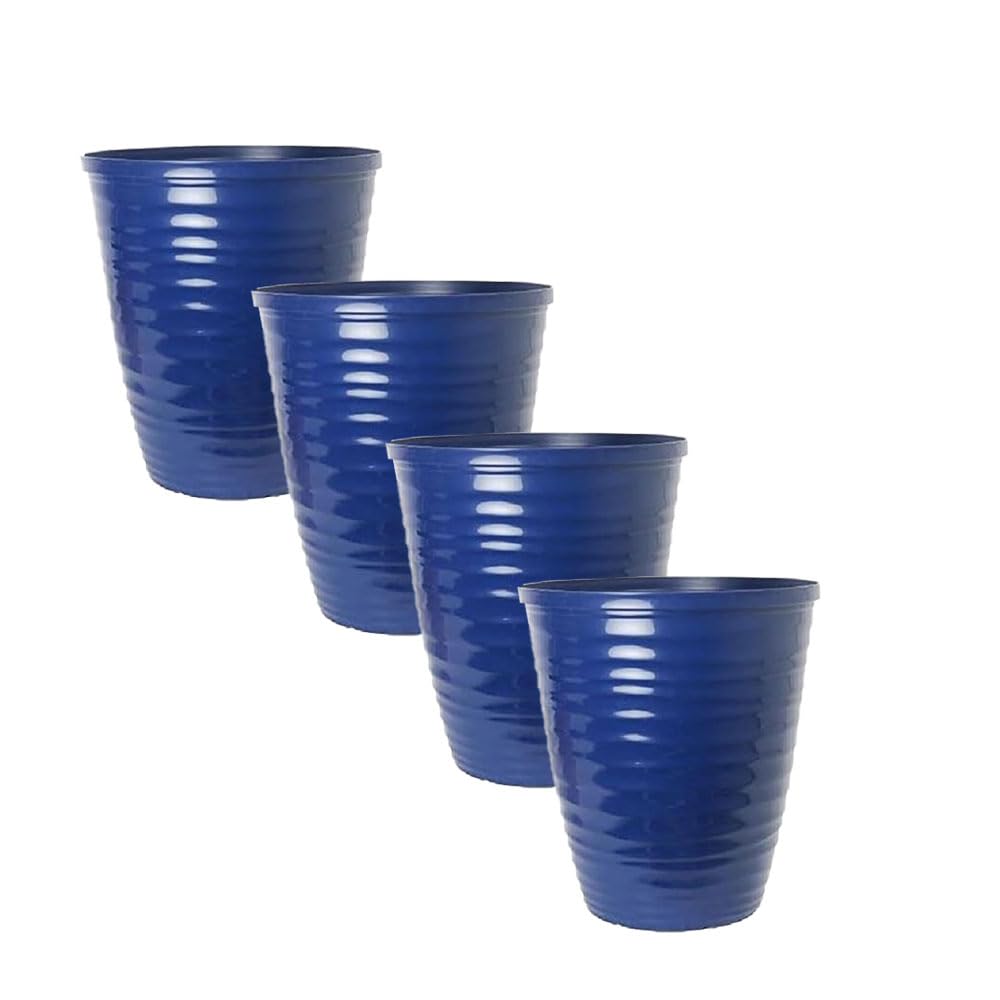 Dune Gloss Ripple Plastic Plant Pot–Outdoor Garden Planter with Drainage Holes, Weatherproof Flower Pots for Patio, Balcony & Indoor Decor | Decorative Large Plant Container (IRIS BLUE, 28cm-Pack 4)