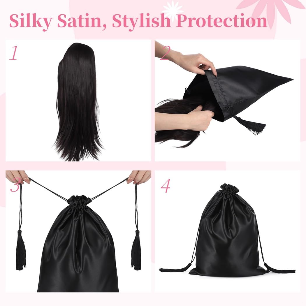 Set mit 12 Satin-Perücken-Aufbewahrungstaschen, Kordelzugbeutel für Perücken, Extensions und Salon-Zubehör
