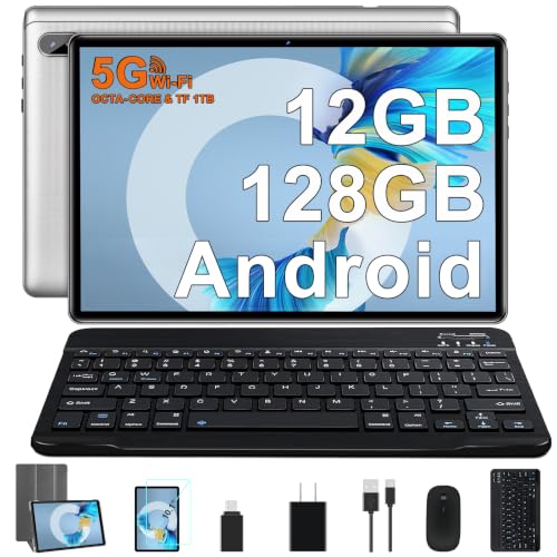 Image of 2026 Lastest Tablet 10 inch Android PC Octa-Core 2.0 GHz with 12GB RAM 128GB ROM TF 2TB, FHD IPS Touchscreen, BT 5.0,5G WiFi, GMS, 1280*800, 5 MP + 8 MP, 2 in 1 Tablet with Keyboard and Mouse - Silver