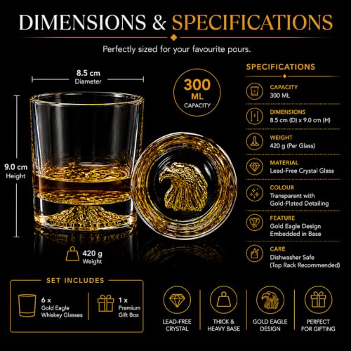 Image of Melbify Eagle Whiskey's Glass | Set of 6 | 300 ml | Premium Packing | Gift Box | Golden Whiskey Glasses| Unique| Broad |Thick| Premium | Thick Bottom | Premium | Speciality Whiskey Glass | Gold Plated