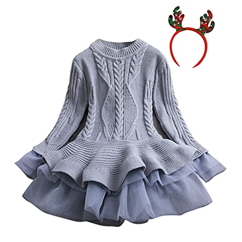 Kids Girls Christmas Sweater Dress Toddler Long Sleeve Knit Sweater Dress Solid Color Casual (Grey, 4-5 Years)4