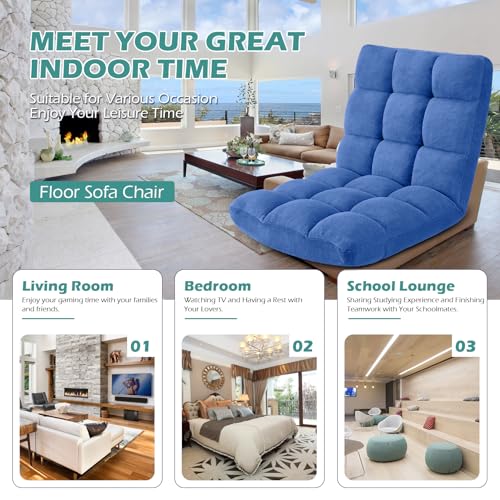 Image of Folding Floor Gaming Chair 14-Poistion Cushioned Adjustable Floor Lazy Sofa Chair w /Breathable Cotton & Skin-Friendly Velvet for Adults & Kids Perfect for Reading Gaming Meditating, Babyblue