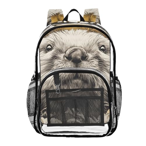 Otter Floral Gold Cute Clear Backpack, PVC Transparent Bag with Large Capacity for Boys, Girls, Men, Women, See Through Bookbag for School Work College Travel