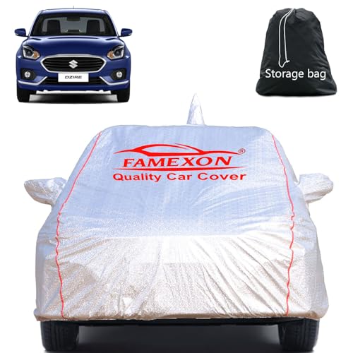 Image of Full Body Car Cover for Maruti Suzuki Dzire with Mirror and Antena Pocket Triple Stiched(Silver with Red Piping)