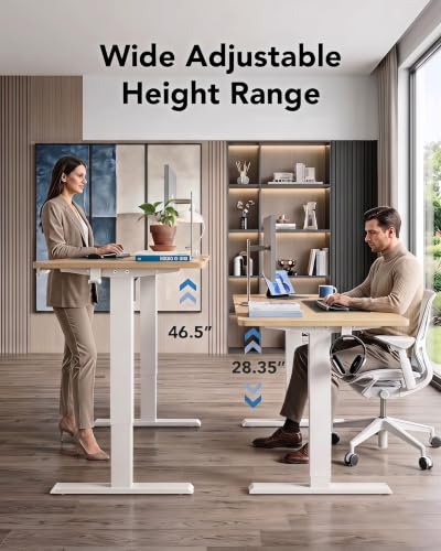 Image of HUANUO Electric Standing Desk,53 inch x 28 inch Height Adjustable Desk, 4 Memory Height Settings, Sit to Stand Up Desk for Home Office, with Headphone Hook, Cable Manager, Natural