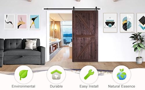 S&Z Tophand® 36 In X 84 In Brown British Brace Knotty Barn Door With 6.6Ft Sliding Door Hardware Kit/Double -Sided Door Handle/Solid Wood/Double Surfaces/Simple Assembly Is Required #TOP1
