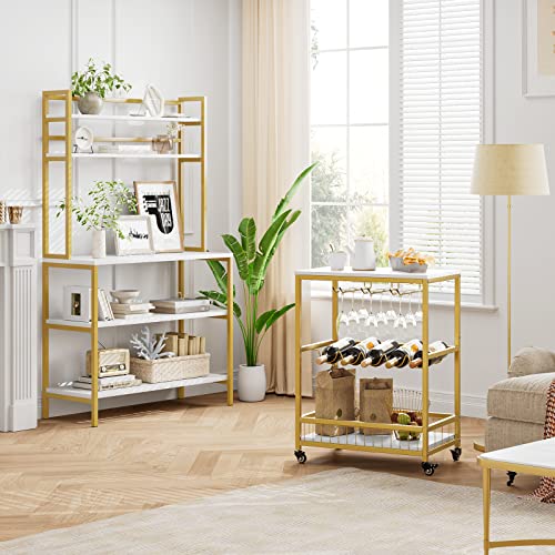 Hithos Industrial Bar Carts For The Home, Mobile Bar Serving Cart With Wine Rack And Glass Holder, Beverage Cart, Wine Cart On Wheels, Rolling Drink Trolley For Living Room, Kitchen, White Gold #TOP2