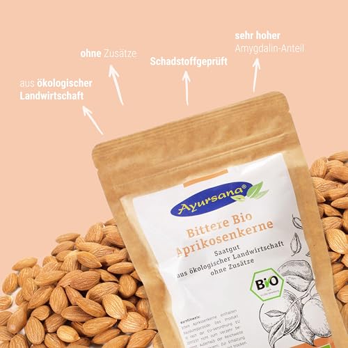 Ayursana Bittere Aprikosenkerne - Saatgut - Sehr hoher Amygdalin-Anteil - Schadstoffgeprüft im deutschen Labor - Bio-Qualität