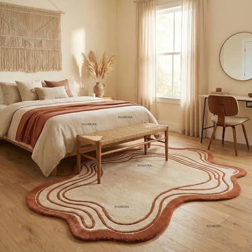 Image of Handmade Woollen Rug 6x8 Ft - Modern Irregular Shape Aesthetic Carpet, 1 Inch Thick Pile, Anti-Skid Backing, Soft Hand Tufted Wool Area Rug for Living Room, Bedroom, Hall Decor