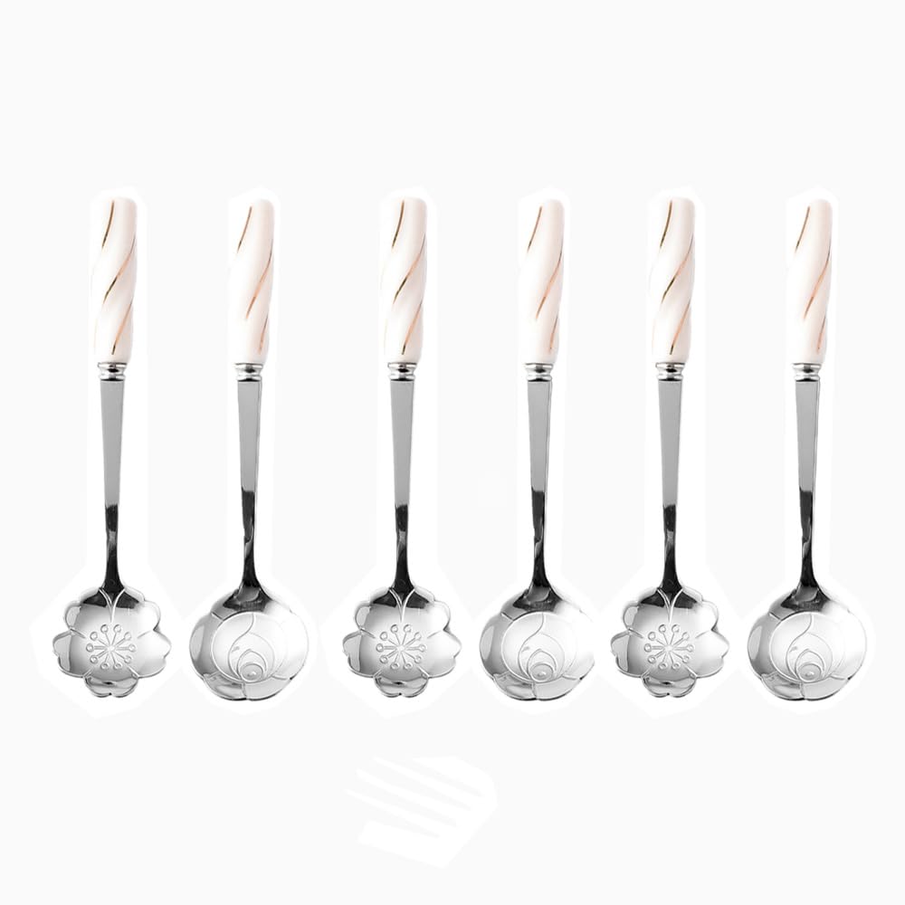 6 Piece Set -12cm/4.7 Inch Stainless Steel Spoon Creative Marble Dessert Ice Cream Spoon Rice Spoon Soup Spoon Coffee Spoon (White Silver)