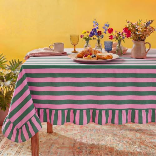 Tudomro 1 Pcs Ruffle Edge Striped Tablecloth 84 x 60 Scalloped Table Cover Farmhouse Linen Fabric Cloth for Rectangle Table Dining Room Bridal Shower Wedding Holiday Party(Pink Grass Green)