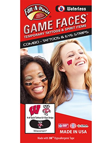 Wisconsin – Waterless Peel & Stick Temporary Tattoos – 12-Piece Combo – 4 Cardinal W Logo & 4 Bucky Badger Logo Spirit Tattoos & 4 Bucky Badger Logo on Black Eye Strips