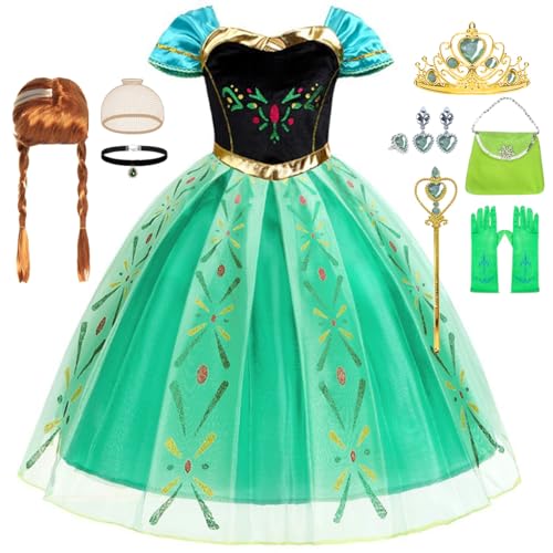Tyidalin Disfraz de Princesa Anna para Niñas con Peluca Vestido Verde para Fiesta Carnaval Halloween Cumpleaños Navidad