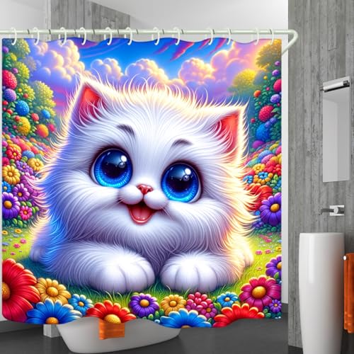 Image of LYFANS Bathroom Using White Cat 3D Shower Curtain, Deluxe Bathtub Standard Shower Curtain, Waterproof and Bright Fabric Shower Curtain with 12 White Hooks, Size (72x72 Inches)